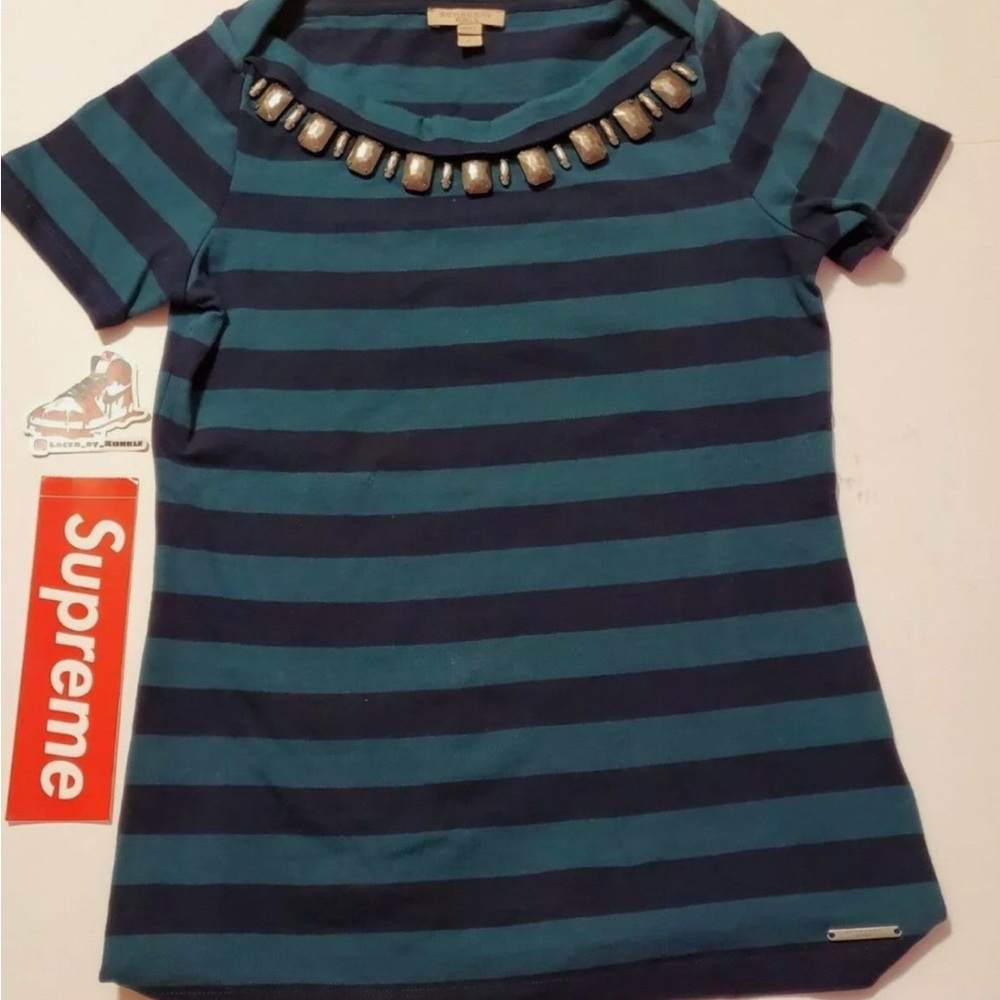 Burberry Blue and Teal Striped Tee